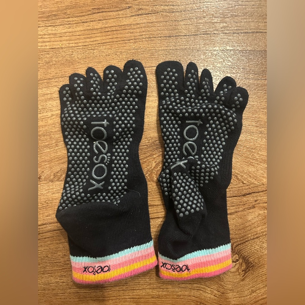 ToeSox Black Grip Socks with Striped Cuffs